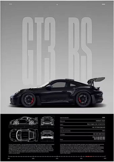 Minimalist Black GT3 RS Blueprint Poster
