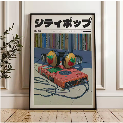 Japanese Retro City Pop Cassette & Headphones Poster