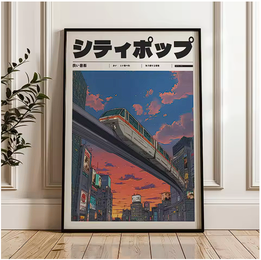 Japanese Retro City Pop Train Sunset Poster