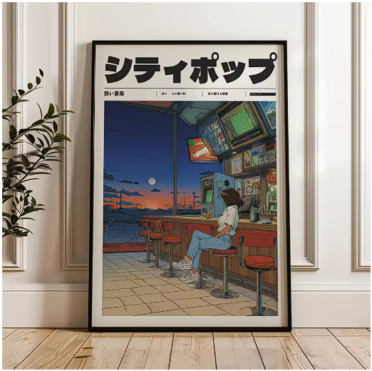 Japanese Retro City Pop Diner Night Poster